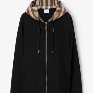 Burberry Check Hood Cotton Zip Hoodie Black Hoodie with Plaid Hood- Oversized